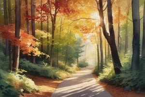 A watercolor illustration of a winding path through a forest, where the vibrant fall foliage creates a canopy of color overhead. The dappled sunlight filters through the leaves, creating a magical interplay of light and shadow