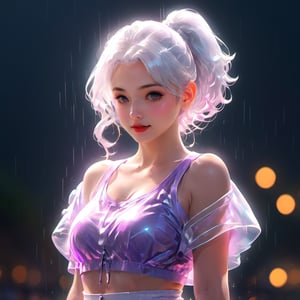 realistic, 1girl, ponytail, parted lips, blush, makeup, light smile, white hair, sportswear, skirt, wet clothes, glow, thighs, purple eye, bare shoulders, collarbone, narrow waist, sunbeam, sunlight, rose, wind, cleavage, (masterpiece), sweat,((masterpiece)), ((best quality)), photo, raw, 8k, high detailed, ultra-detailed, Trending on Artstation, Artgerm.