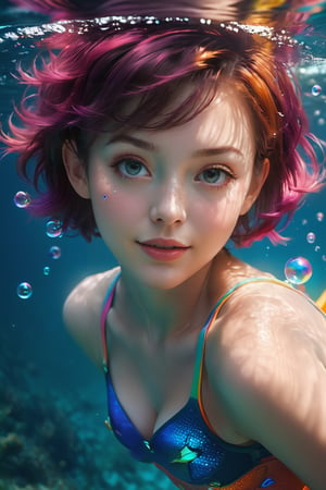 masterpiece, best quality, full body, portrait, Underwater, 1girl, anime, 3D, pixar, realistic, teen girl, smiling, cute face, short hair, Bubbles flying around, bodysuit, beautiful, sexy, colourful, nsfw, smooth skin, illustration, by stanley artgerm lau, sideways glance, foreshortening, extremely detailed, smooth, high resolution, ultra quality, highly detail eyes, highly detailed face, perfect eyes, both eyes are the same, true light, glare, Iridescent, Global illumination, real hair movement, real light and shadow, real face, hd, 8k, soft light, dream light