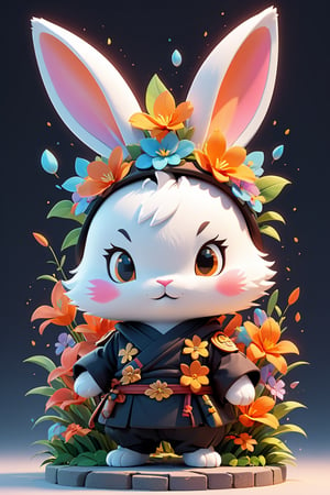 A detailed illustration face ninja bunny, fire, t-shirt design, flowers splash, t-shirt design, in the style of Studio Ghibli, pastel tetradic colors, 3D vector art, cute and quirky, fantasy art, watercolor effect, bokeh, Adobe Illustrator, hand-drawn, digital painting, low-poly, soft lighting, bird's-eye view, isometric style, retro aesthetic, focused on the character, 4K resolution, photorealistic rendering, using Cinema 4D, white background, flat white background