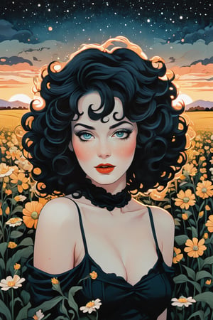 Josh Agle Style, Sarah Morris Style, Ralph Bakshi Style, milo manara Style, a beautiful woman in a field of flowers, haunting eyes, crazy curls, surreal dark art, trending on artstation, interconnected human lifeforms, seafloor, artist unknown, fate unknown, black oled background, bloom, cold stars, flower face, aesthetic ”, eve, contaminated (unsettling Sense of malevolence) fear of the unknown  Existential cosmic horror leica