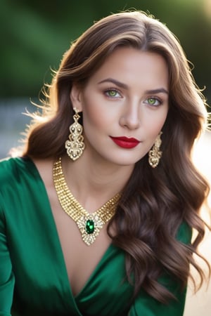 Create a  photo of beautiful netherlands women  looking at the viewer with loving eyes. she has shoulder long brown wavy hair, beautiful green eyes, red lips of an angel,tanned face. she is wearing golden necklace and earings, violet silk tunic with cleavage, warm red lipstick.. her head is resting upon her hand. high detailed, perfect lighting.warm colors, ,High detailed ,side lighting.