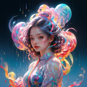_james jean, floating female figure made of ribbons, smoke, in the sky, colorful and vibrant, mystical colors, contemporary impressionism, yanjun cheng portrait painting, iridescent painting, 3/4 perspective view, cute face, low angle, sweeping circling composition, large beautiful crystal eyes, big irises, UHD, HDR, 8K, (the most beautiful portrait in the world:1.5), ((masterpiece)), ((best quality)), photo, raw, 8k, high detailed, ultra-detailed, Trending on Artstation, Artgerm.