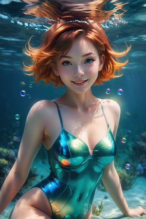 masterpiece, best quality, full body, portrait, Underwater, 1girl, anime, 3D, pixar, realistic, teen girl, smiling, cute face, short hair, Bubbles flying around, bodysuit, beautiful, sexy, colourful, nsfw, smooth skin, illustration, by stanley artgerm lau, sideways glance, foreshortening, extremely detailed, smooth, high resolution, ultra quality, highly detail eyes, highly detailed face, perfect eyes, both eyes are the same, true light, glare, Iridescent, Global illumination, real hair movement, real light and shadow, real face, hd, 8k, soft light, dream light