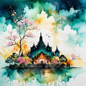 (Chakrabhand Posayakrit style:1.5), Illustrate the enchanting Loy Krathong Festival Night in the distinctive color lineart and alcohol ink / splash style/ style of Chakrabhand Posayakrit. The meticulous lines highlight the intricate craftsmanship, while the watercolor washes infuse the image with a sense of vibrancy and fluidity, backdrop is a god castle silhouette and cloud far away