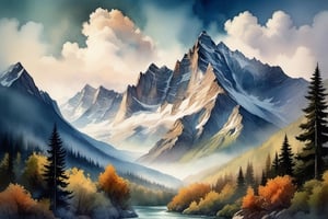 A watercolor illustration of a mountain range, with misty clouds swirling around the peaks, creating an aura of mystery and grandeur. The soft washes of color capture the essence of the landscape, evoking a sense of wonder and reverence.