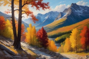 An oil painting depicting a mountainous terrain in the throes of fall, with trees cascading down the slopes in a riot of color. The landscape is alive with the vibrant energy of the changing seasons.