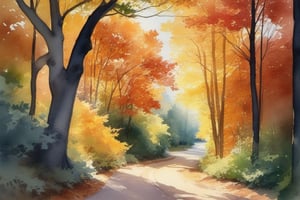 A watercolor illustration of a winding path through a forest, where the vibrant fall foliage creates a canopy of color overhead. The dappled sunlight filters through the leaves, creating a magical interplay of light and shadow