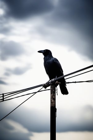 A crow on top of a power line from a pole. With black clouds in the sky.