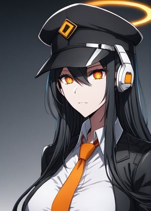 1girl, very long hair, white shirt, black jacket, (orange necktie), ((aged up)), (((Orange halo))), Orange eyes, black hair, ((star shaped-pupils)), large breast, (hair between eyes), illustration, ((black military CAP)), esdeath, ((black gloves)), (headphones), (white background), ID card, blue archive, ((anime screepcap)), Sharp focus, hasumi, multicolores eyes, 20 years old, adult, futuristic, Orange theme, Cyberpunk2077 