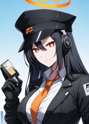 1girl, very long hair, white shirt, black jacket, (orange necktie), ((aged up)), (((Orange halo))), Orange eyes, black hair, ((star shaped-pupils)), large breast, (hair between eyes), illustration, ((black military CAP)), esdeath, ((black gloves)), (headphones), (white background), ID card, blue archive, ((anime screepcap)), Sharp focus, hasumi, multicolores eyes, 20 years old, adult, futuristic, Orange theme, Cyberpunk2077 