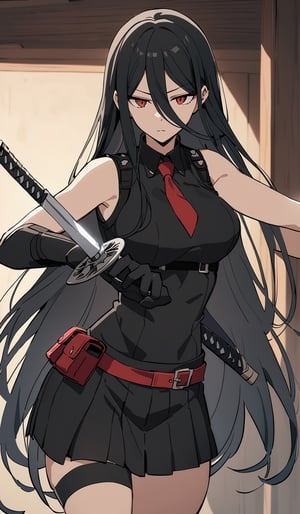 1girl, medium breast, very long hair, ((black hair)), (red eyes), sleeveless, ((red necktie)), (black short skirt), (black pleated shirt), black boots, (male focus), (big eyes), masterpiece, best quality, newest, (red theme:0.5), (black gloves), ((red gautlets)), (red belt pouch), akame, (jitome:1.3), saori, hasumi, anime screencap, ((extra short bangs)), (disdain), fighting stance, hair between eyes, (katana), 