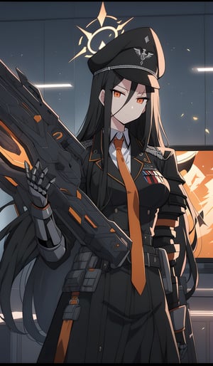 a very attractive anime character is dressed in uniform and armed with a blaster, masterpiece, best quality, highres,  (anime_screencap), cinematic, solo, looking at viewer, disdain, very long hair, bangs, shirt,  black hair, gloves, long sleeves, ((cowboy shot)),  1girl, hair between eyes, closed mouth,  ((glowing orange eyes)), jacket, (upper body),  black hair, necktie, black gloves, collared shirt,  black jacket, (white shirt), orange necktie,  ((office background)), glint, more detail XL,  (blue archive), halo, Quest style, niji5, ((black military cap)), (headphones), nazi, solo, light particles, ((black wings)), (((hasumi))), ((rin)),  large breast, belt pouch, (scar:1.5), ((jitome)), (((gauntlets))), ((((flat screen tv)))), (((diamond))), (((futuristic weapon))), adult, older girl