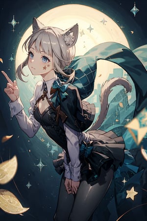 masterpiece, best quality,  leaning_forward ,1girl,lynette,hair bow,animal ears,grey hair,short hair,facial mark, bow,ribbon,capelet,black pantyhose, low ponytail, tail,starry,air bubble, 