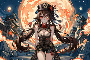 masterpiece, best quality,1girl, hu tao (genshin impact), hat, red eyes, twintails, brown hair, solo, symbol-shaped pupils, long hair,bangs, official  outfit , shorts , china dress,  cleavage cutout, stary sky, bubble, moon , atmosphere, upper_body, leaning_forward