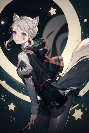 masterpiece, best quality,  leaning_forward ,1girl,lynette,hair bow,animal ears,grey hair,short hair,facial mark, bow,ribbon,capelet,black pantyhose, low ponytail, tail,starry,air bubble, 