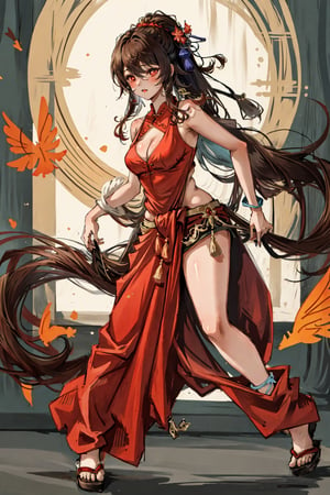 masterpiece, best quality,1girl, hu tao (genshin impact), red eyes, twintails, brown hair, solo, symbol-shaped pupils, long hair,bangs, saree,  cleavage cutout, indian dress,,brown Saree,realistic,brown blouse