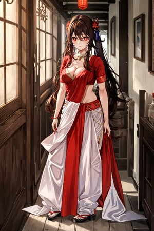 masterpiece, best quality,1girl, hu tao (genshin impact), red eyes, twintails, brown hair, solo, symbol-shaped pupils, long hair,bangs, saree,  cleavage cutout, indian dress,,brown Saree,realistic,brown blouse