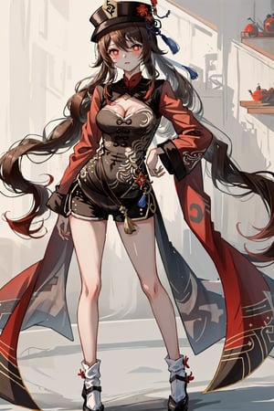 masterpiece, best quality,1girl, hu tao (genshin impact), hat, red eyes, twintails, brown hair, solo, symbol-shaped pupils, long hair,bangs, official  outfit , shorts , china dress,  cleavage cutout