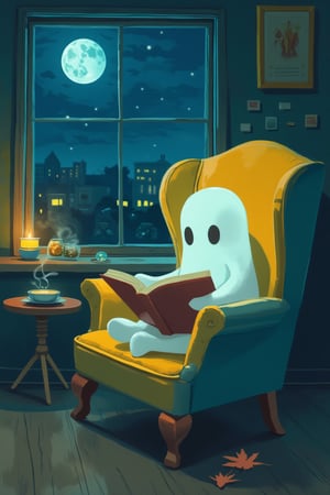 high definition, cute ghost sitting in a yellow and blue wingback chair reading a book, beside a steaming cup of hot coffee, a window background scene of a night sky, cozy atmosphere, candlelight, moonlight, artowrk, vector