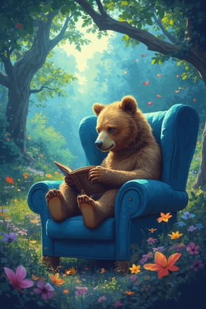 up close. high definition, Realistic Large Brown Bear sitting in a blue wingback chair, in a magical forest, reading a book, enchanted scene, bright and airy, colorful, artowrk, vector