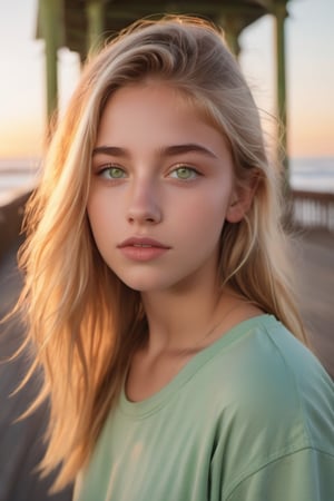 A teenager with droopy ((green eyes)) and arched eyebrows, sporting straight medium blonde hair, appears pale and slender as they stand outdoors on the iconic Huntington Beach Pier in California at sunset. The scene is bathed in a warm orange glow, reminiscent of b-movie aesthetics, hyperrealism, and photo-realistic techniques that capture the essence of captivating documentary photos. Framed by the pier's wooden slats and the distant Pacific Ocean, this teen embodies the Quito School's emphasis on subtle yet evocative storytelling through visual narrative.