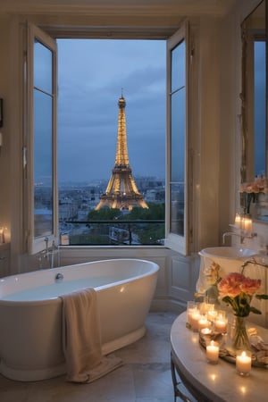 A bathroom with a large window overlooking the lights on Eiffel Tower in Paris, a bathtub filled with water and flowers, a silver towel rack, candles around and a beautiful view outside, perfect detailed luxury hotel windows at night pastel colors