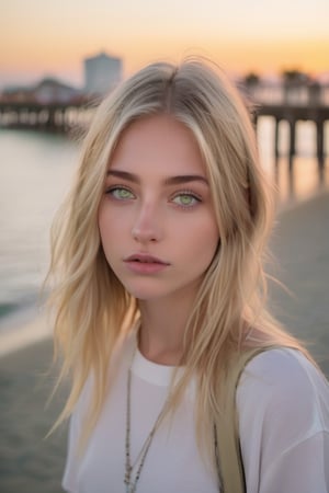 teen, droopy ((green eyes)), arched eyebrows, straight medium blonde hair, pale, skinny, outdoors in Huntington Beach Pier, California, at sunset, style of b-movie aesthetics, hyperrealism, hyper-realistic, photo-realistic techniques, captivating documentary photos, quito school, full body shot