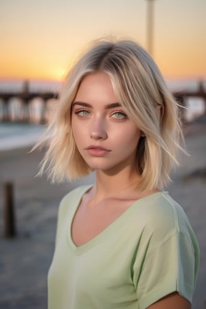 teen, droopy ((green eyes)), arched eyebrows, straight bob haircut blonde hair, pale, skinny, outdoors in Huntington Beach Pier, California, at sunset, style of b-movie aesthetics, hyperrealism, hyper-realistic, photo-realistic techniques, captivating documentary photos, quito school, full body shot