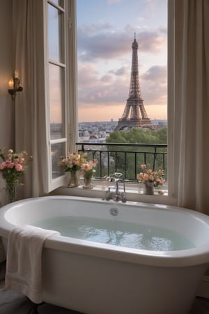 A bathroom with a large window overlooking the lights on Eiffel Tower in Paris, a bathtub filled with water and flowers, a silver towel rack, candles around and a beautiful view outside, perfect detailed luxury hotel windows