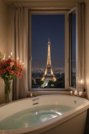 A bathroom with a large window overlooking the lights on Eiffel Tower in Paris, a bathtub filled with water and flowers, a silver towel rack, candles around and a beautiful view outside, perfect detailed luxury hotel windows at night