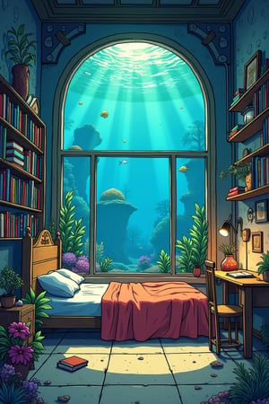 a cozy steampunk bedroom at the bottom of the ocean, bunk bed, books, aquarium, large window, vibrant colors, Studio Ghibli, StdGBRedmAF, lineart