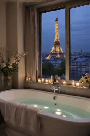 A bathroom with a large window overlooking the lights on Eiffel Tower in Paris, a bathtub filled with water and flowers, a silver towel rack, aromatic candles around and a beautiful view outside, perfect detailed luxury hotel windows at night