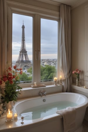 A bathroom with a large window overlooking the lights on Eiffel Tower in Paris, a bathtub filled with water and flowers, a silver towel rack, candles around and a beautiful view outside, perfect detailed luxury hotel windows