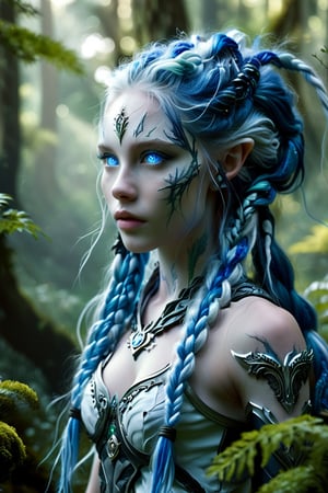 Jinx from League of Legends, young female with long, blue braids, pretty white skin with ((blue eyes)), as a chaotic and energetic mercenary, exuding cuteness overload. She is standing in a lush, ancient forest with her hair loose. The image should be in the style of b-movie aesthetics, hyperrealism, and hyper-realistic. It should use photo-realistic techniques with light yellow and dark silver tones, resembling captivating documentary photos inspired by Quito school, full body view