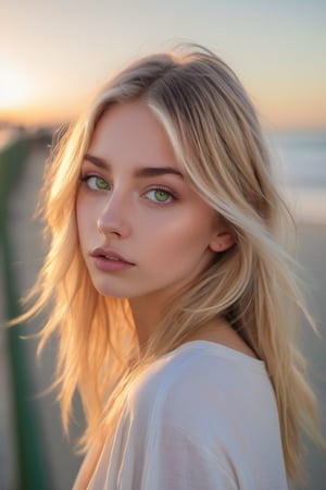 teen, droopy ((green eyes)), arched eyebrows, straight medium blonde hair, pale, skinny, outdoors in Huntington Beach Pier, California, at sunset, style of b-movie aesthetics, hyperrealism, hyper-realistic, photo-realistic techniques, quito school