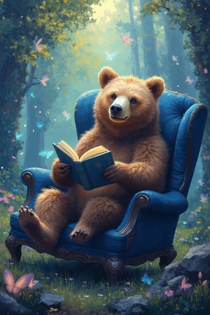 up close. high definition, Realistic Large Brown Bear sitting in a blue wingback chair, in a magical forest, reading a book, enchanted scene, bright and airy, colorful, artowrk, vector