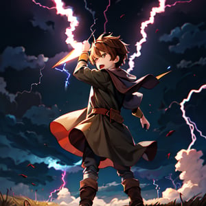 Kid, wizard, 1boy, little boy, (((throwing lightning))), brown hair, medieval clothes, archimade dress:1.8, lightnings clouds, ((angry look)), dark background,