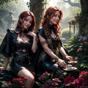 (ginger woman) and (dark hair woman) having afternoon tea in the garden of Eden, detailed face, red hair, detailed eyes, happy laughter, insanely detailed and intricate, ultra-sharp and clear, volumetric lighting, ultra-high resolution, masterpiece hyper realistic artwork of Frank Bellamy, insanely detailed and intricate, centered, Professional Color Grading by Kenneth Hines Jr., trending on Artstation