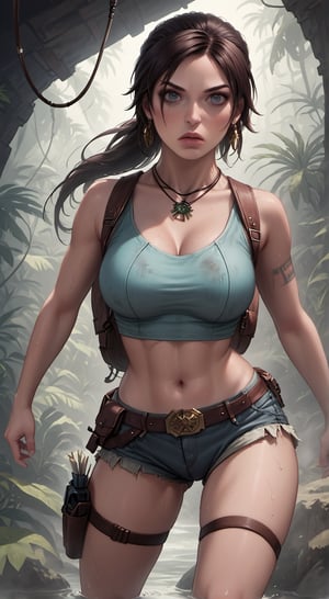 photorealistic image of lara croft (tomb raider), beautiful woman, long dark hair, loose ponytail, sweaty, earrings, necklaces, dirty aqua blue crop top, , short denim shorts, boots, backpack, holsters on thigh straps, pierced navel, no tattoos, in a dynamic bow-drawing stance, arrow nocked, in a humid, steamy tropical jungle, face in sharp focus, detailed face, detailed eyes, perfect hands, dynamic pose, High Detail, Perfect Composition, dramatic dim lighting, high contrast