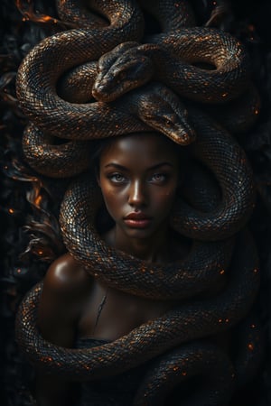 A black elf nymph in a fantasy forest thats on fire, firey ambers float around,She has been tamed by A colossal snake, wraps around her torso,T The camera captures this magical moment in stunning 8K HDR, with every intricate detail rendered in breathtaking clarity. ebony skin,Enhanced all