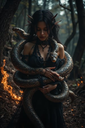 A black elf woman in a forest thats on fire, She has been defeated by A colossal snake, wraps around her torso,Their bond is palpable, a deep trust and love shared between them. The camera captures this magical moment in stunning 8K HDR, with every intricate detail rendered in breathtaking clarity.