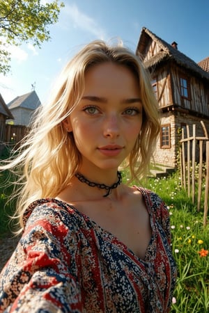 Generate a cinematic GoPro perspective (close up)capturing the enigmatic Russian supermodel as she visits an old Romanian village from the 1920s, nestled in the picturesque Maramureș area ,(vivid flowers and flowering trees next to wooden fences specific to the area), her striking blonde locks, piercing blue eyes, and a chic ponytail, she explores the village adorned in a traditional Romanian blouse, immersing herself in the cultural richness of the region. Against the backdrop of lush green grass, vibrant flowers, and charming old houses, she exudes an air of timeless elegance and grace. The GoPro photograph freezes her in a moment of enchantment, capturing the mesmerizing allure of the supermodel amidst the rustic beauty of the village's landscape. This close-up shot emphasizes her captivating smile and the interplay of natural lights, highlighting her beauty and the historical charm of the setting