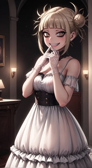 1girl,toga himiko,boku no hero academia, Wearing black layered dress, frill on dress, see through dress, lace sleeved gloves, Dark theme, bokeh, evil smile, Indoors, hall, soft light, Cinematic angle, hands under chin, (masterpiece:1.2), (best quality:1.2), (very aesthetic:1.2), (absurdres:1.2), (detailed background),newest,intricate details,