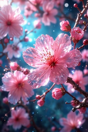 crystal spring blossom, fantasy, galaxy, transparent, shimmering, sparkling, splendid, colorful, magical photography, dramatic lighting, photo realism, ultra-detailed, 4k, Depth of field, High-resolution ,(masterpiece, best quality), (ultra-detailed, 16k, ultra highres, uhd),More Detail,EpicArt, hyperrealistic, raytracing, extremely detail, cinematic lighting, dynamic, intricate details, deep depth of field,superscaled, 8K, HDR,