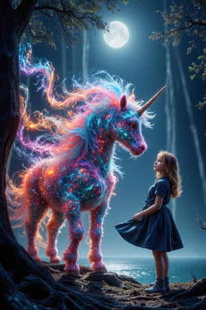 A unicorn stands at the edge of a mystical forest, illuminated by the radiant glow of a full moon and an eerie rainbow magical aura that wraps around the treetops like a misty veil. As the camera zooms in, the unicorn's face comes into sharp focus, its eyes shining with an otherworldly intensity as it gazes out at the girl, moonlit,standing on top of water,girl riding unicorn,Unicorn, Friendship between a Unicorn and a young woman, 