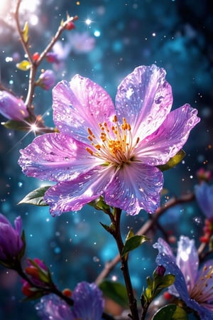 crystal spring blossom, fantasy, galaxy, transparent, shimmering, sparkling, splendid, colorful, magical photography, dramatic lighting, photo realism, ultra-detailed, 4k, Depth of field, High-resolution 