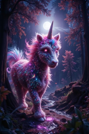 A unicorn stands at the edge of a mystical forest, illuminated by the radiant glow of a full moon and an eerie rainbow magical aura that wraps around the treetops like a misty veil. As the camera zooms in, the unicorn's face comes into sharp focus, its eyes shining with an otherworldly intensity as it gazes out at the viewer from atop a wispy, moonlit waterfall.standing on top of water