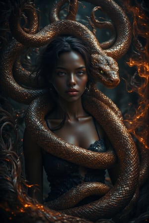 A black forest nymph in a fantasy forest thats on fire, firey ambers float around,She has been tamed by A colossal snake, wraps around her torso,Their bond is palpable, a deep trust and love shared between them. The camera captures this magical moment in stunning 8K HDR, with every intricate detail rendered in breathtaking clarity. ebony skin,Enhanced all