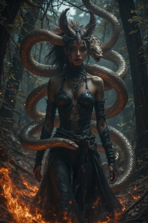 A black elf woman in a forest thats on fire, She has been defeated by A colossal snake, wraps around her torso,